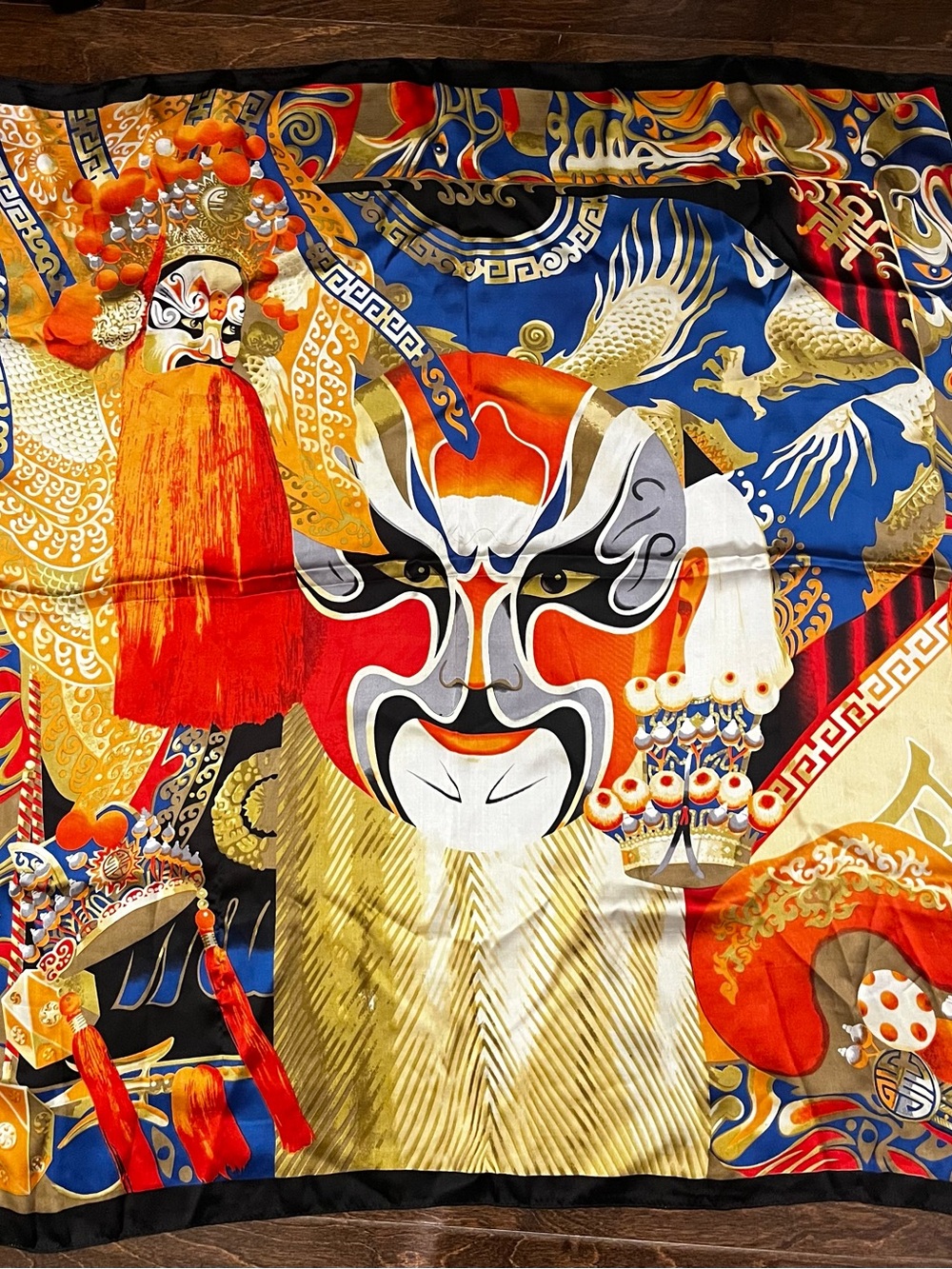 100% Silk Scarf with Multicolor Chinese Opera and Oriental Mask Motif
